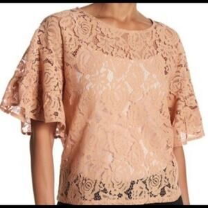 Vertigo Lace Shirt Top Flutter Sleeve Romantic Popover Top M Peachy Tan New